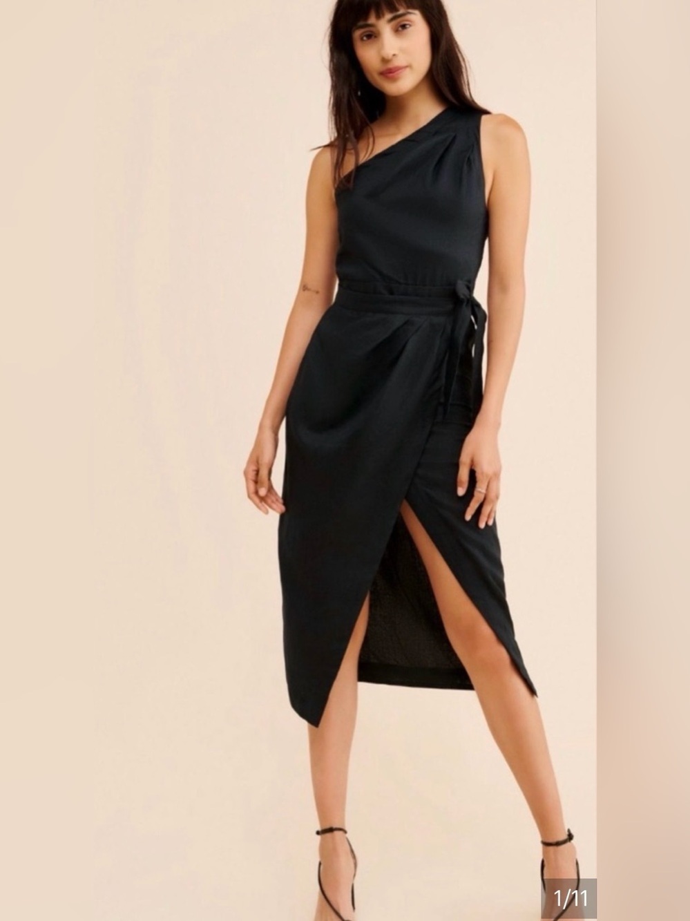 Anthropologie One Shoulder Linen Wrap Dress Black Size 0 Midi Asymmetrical Tie